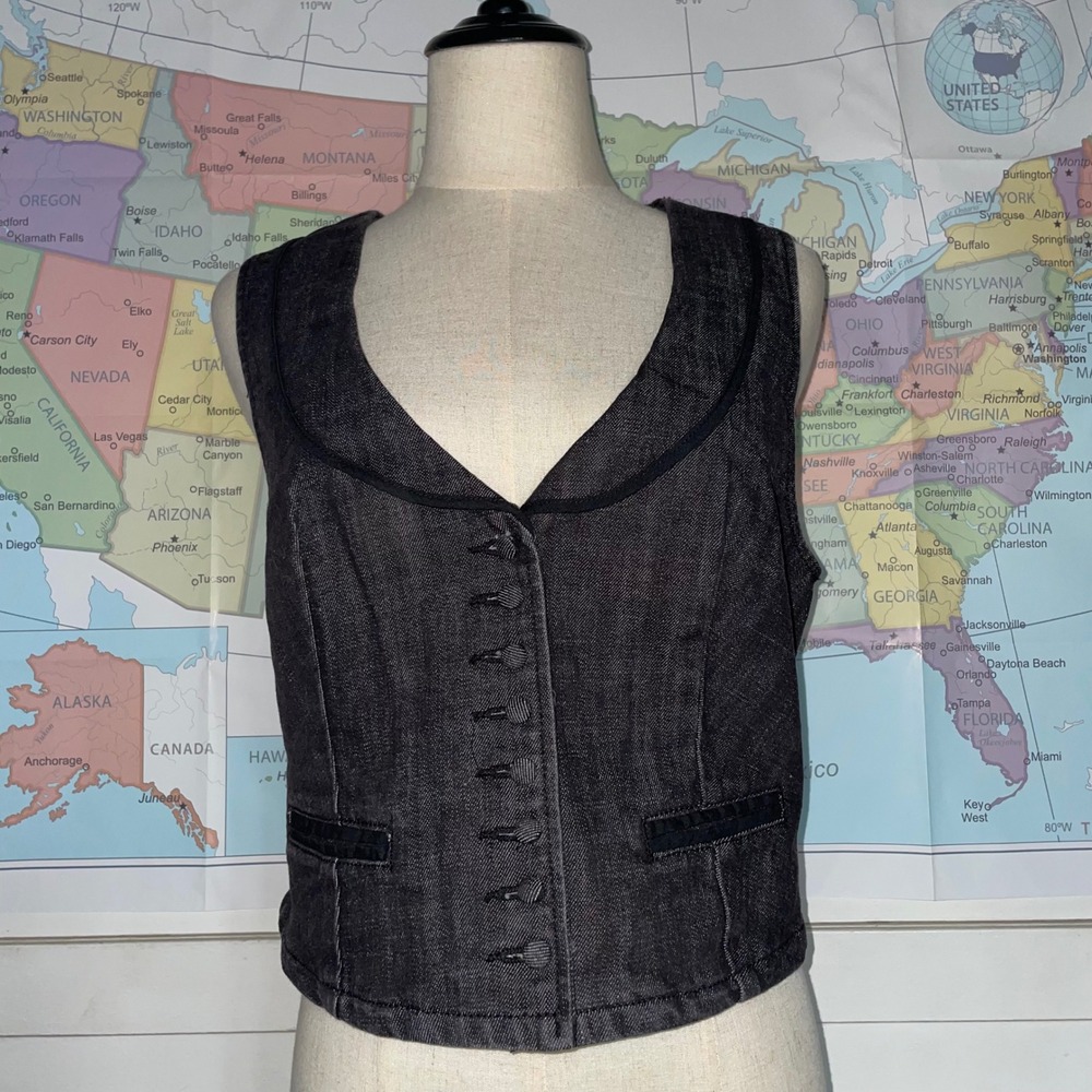 Mixit Womens Medium Dark Wash Denim Vest Button Front Adjustable Back Black